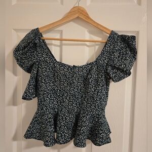 SHEIN Green Floral Puff Sleeve Blouse